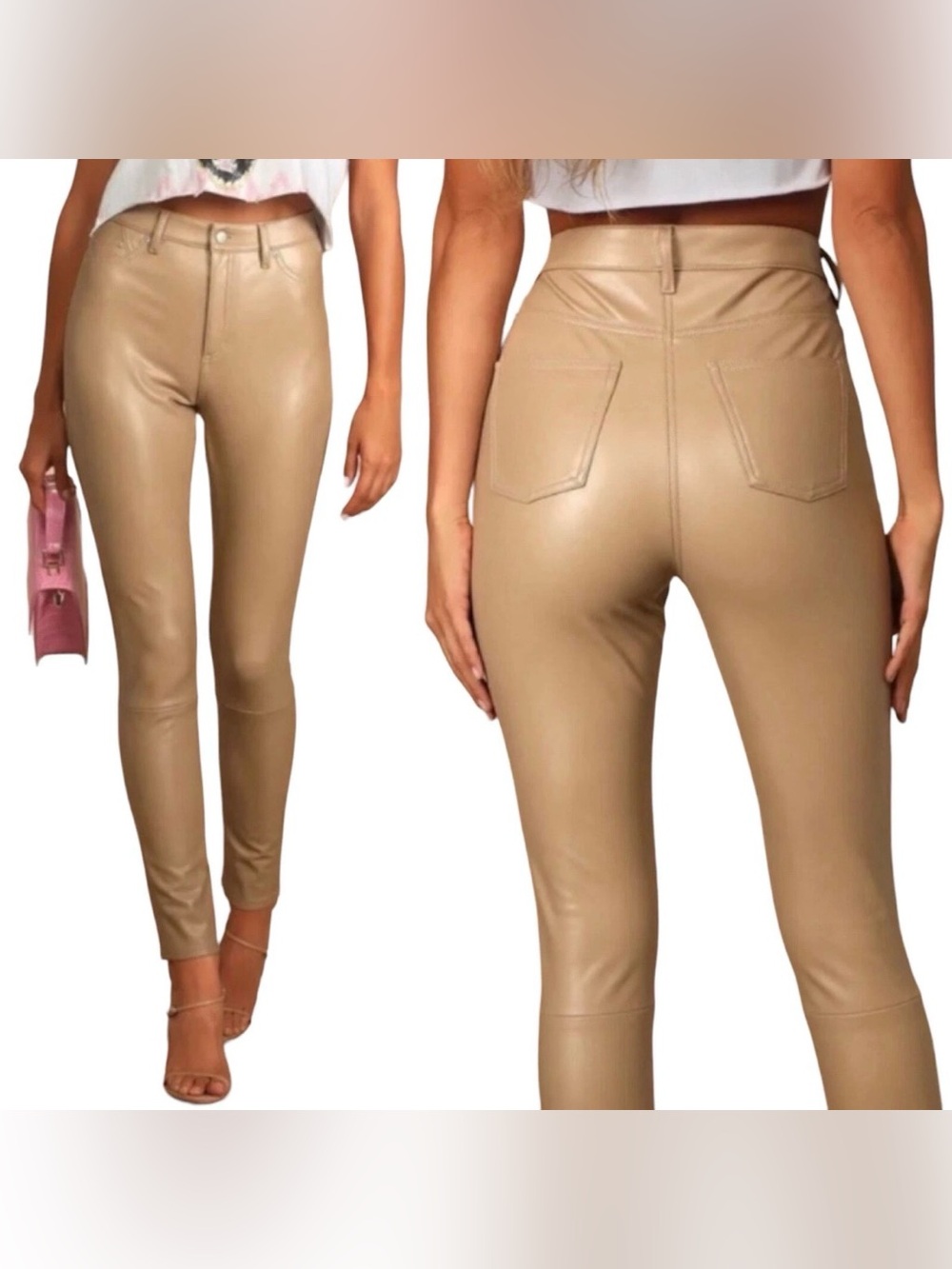 NWT 7 For All Mankind Vegan Leather Pants Skinny Leg Pockets Beige Womens Small